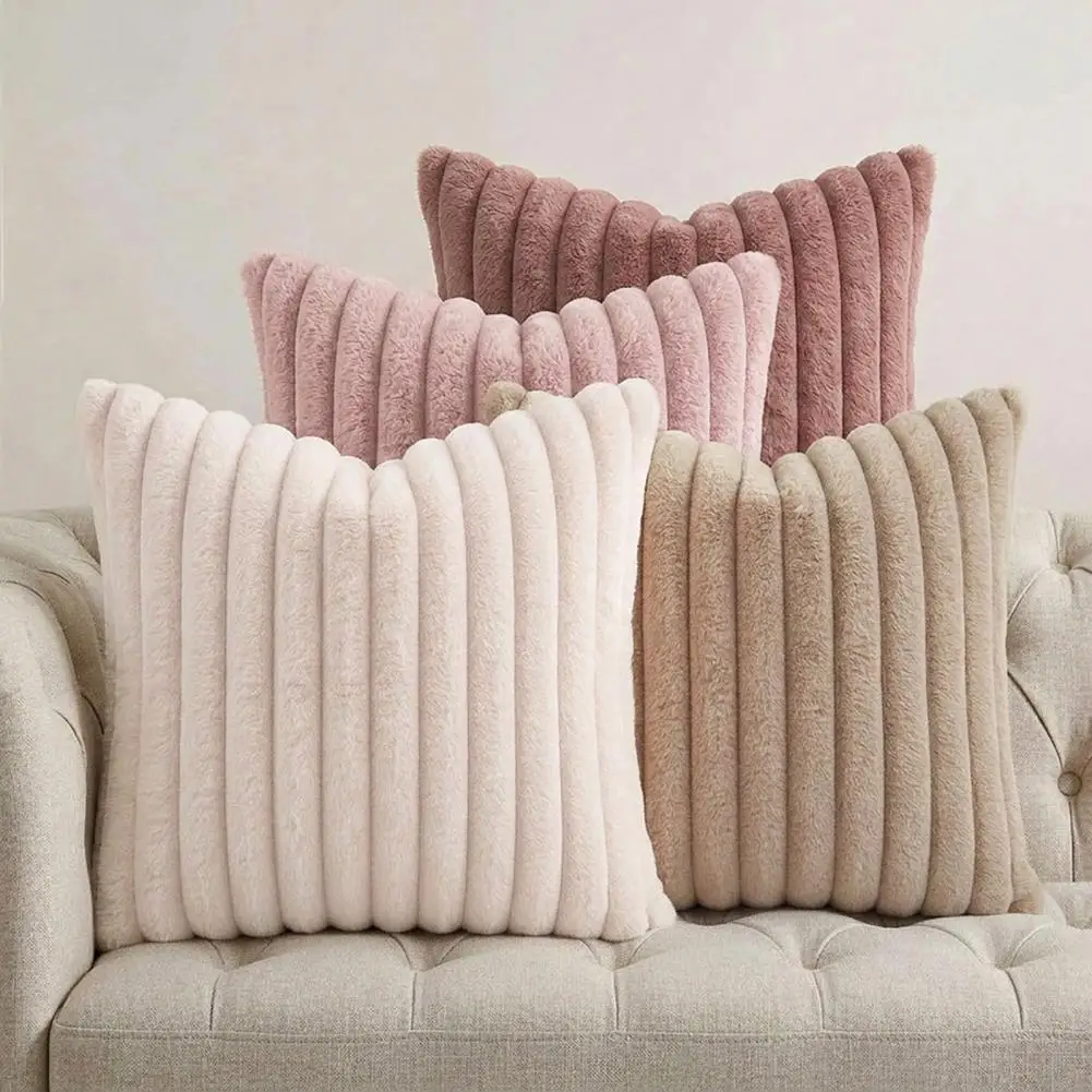 Fluffy Cushion Cover Imitation Rabbit Fur Pillowcase Soft Plush Vertical Stripe Throw Pillow Cover Decorative Cushion for Sofa