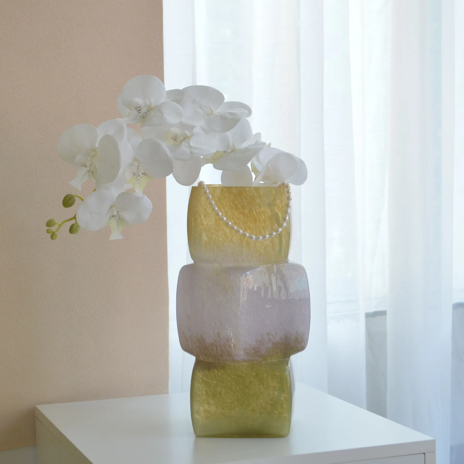 Vase in Ancient Style Gradient Color Geometric Square Table Soft Decoration Glass Vase Ornaments High Appearance Level