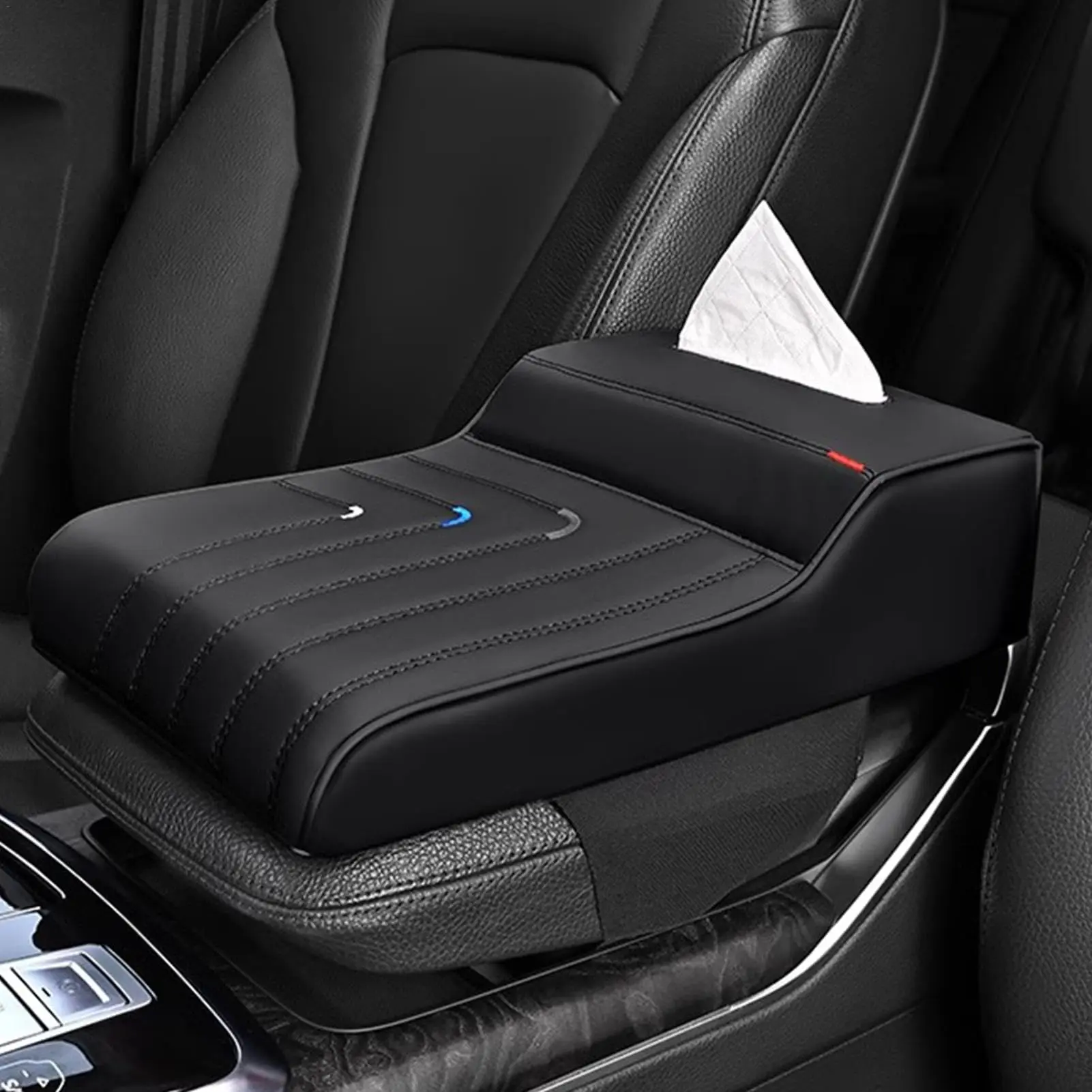 Car Armrest Cushion with Tissue Holder, Height-Adjustable Center Console Pad, Auto Interior Decorative Armrest Cover
