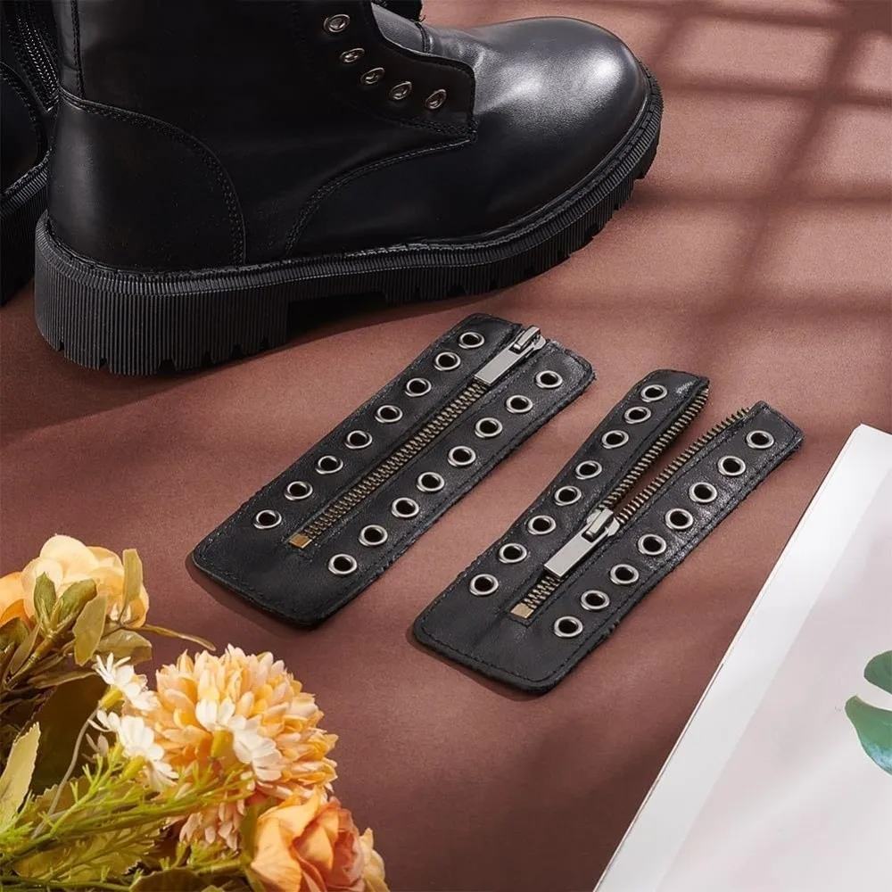 Black Leather Lace-in Boot Zipper Inserts 8 Holes Adjustable Zipper Boot Laces Metal Eyelets Shoe Accessory No Tie Shoe Laces