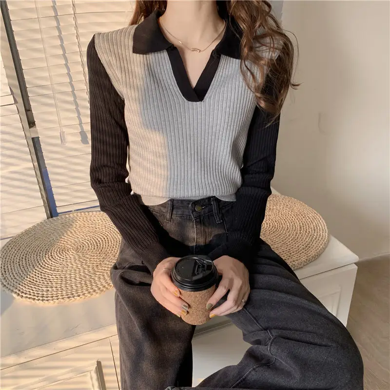 

Fashion Tops Women Polo Collar Knitted Sweater Pullover Female Casual Clothing Ladies Bottoming s Jumper G545