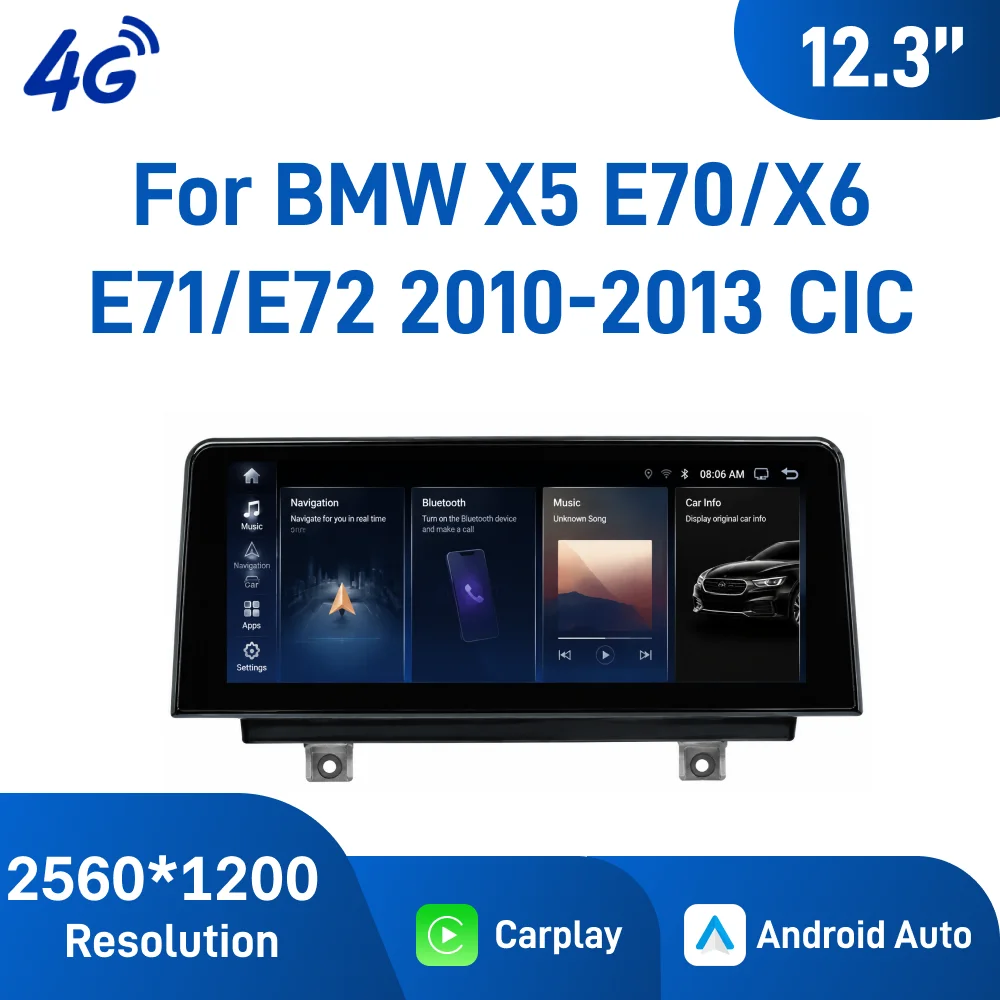 12.3Inch Android Car Navigation for BMW X5 E70 X6 E71 E72 2010-2013, CIC System Version,  Wireless CarPlay, Plug and Play