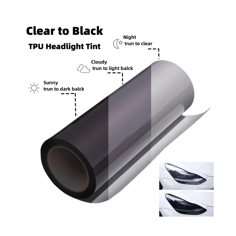 TPU Headlight Film Protection Photochromic Clear Black 0.3*15 Meters Car Lamp Film
