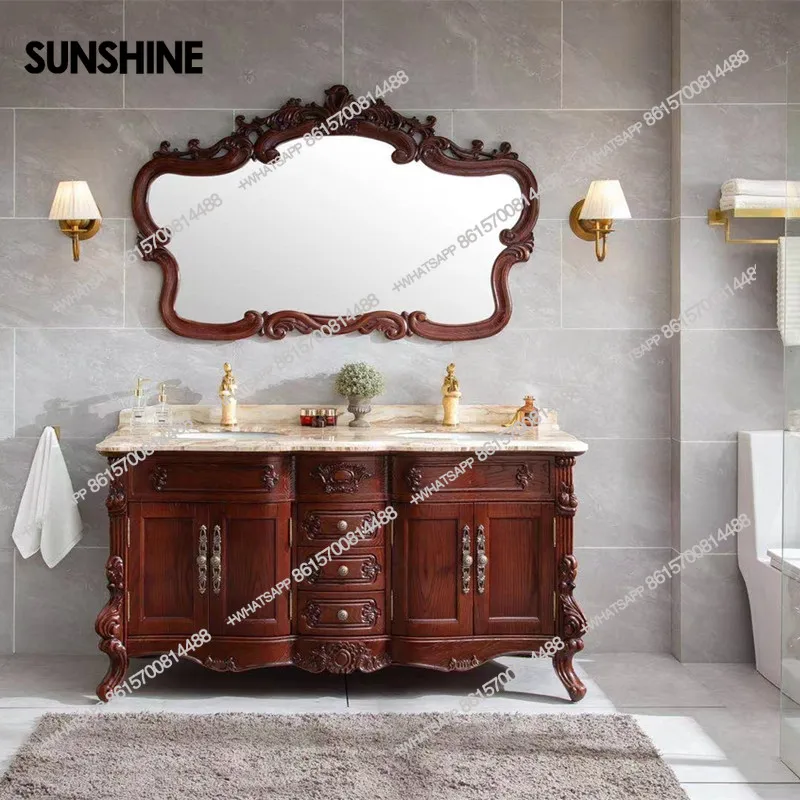 

Bathroom Vanity Double Sink European Bathroom Cabinet Nordic American Red Oak Marble Dual Washbasin Facial