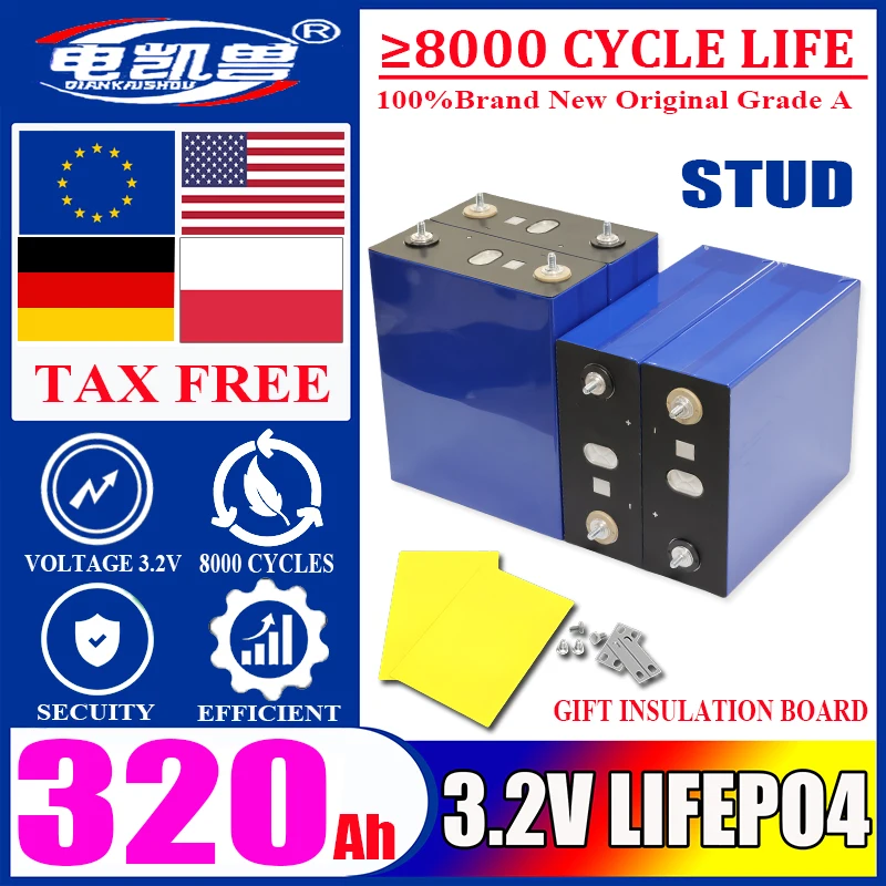 Stud Grade A 3.2V 320Ah Lifepo4 Rechargeable Battery Lithium Phosphate Travel Solar Campers Cell 12v 24v batteries Tax Free