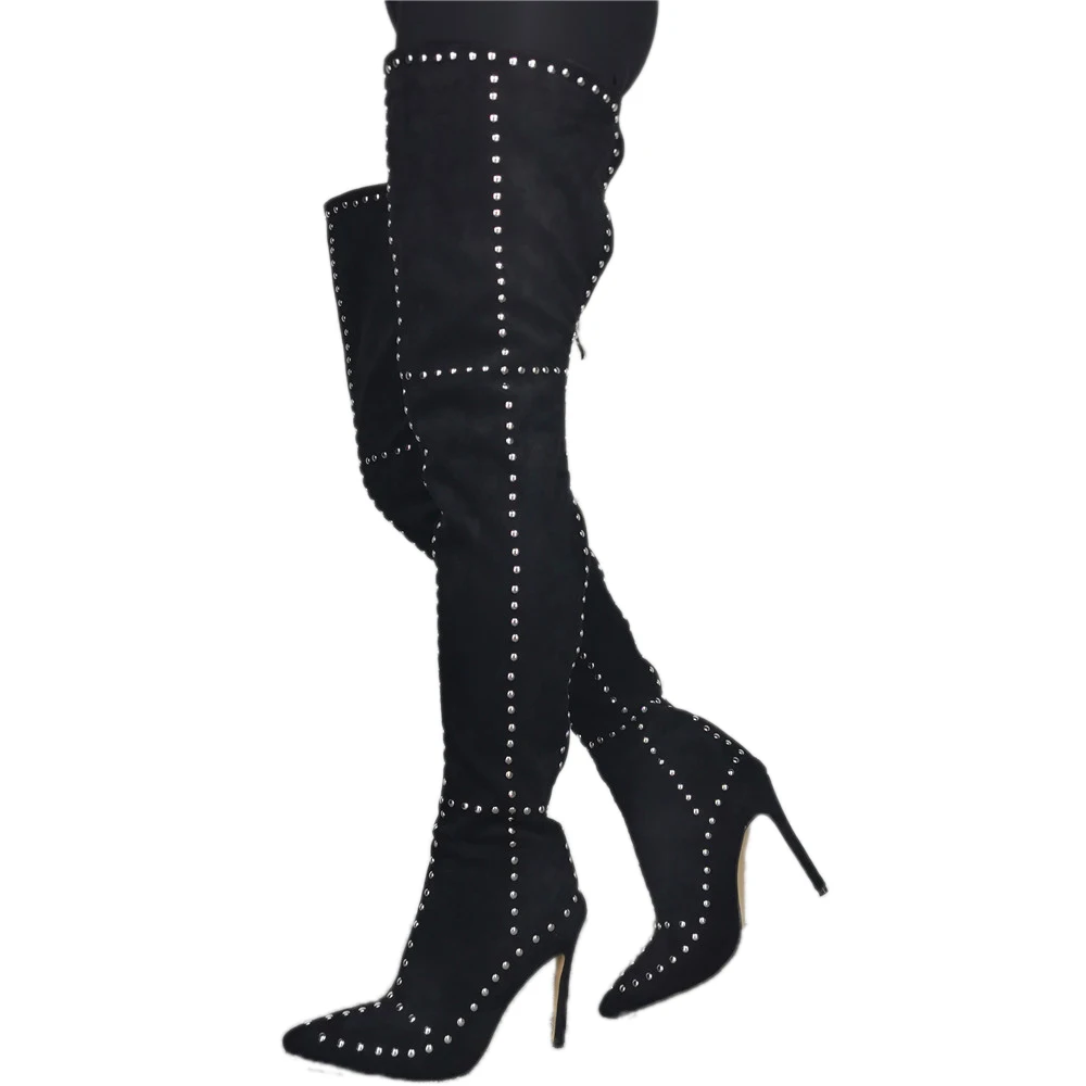 

New In Women Over Knee Boots Faux Suede Studded Thigh High Heels Tall Boots Black Party Zapatos Shoes Woman Big US Size 5-15