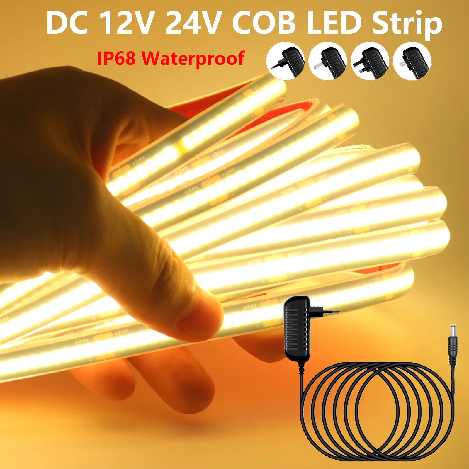 

Светодиодная лента COB 12 В 24 В с источником питания ЕС/США/Великобритании/Австралии IP68 Водонепроницаемая 320 светодиодов/м Черная печатная плата COB Светодиодная лента RA90 Гибкая лента