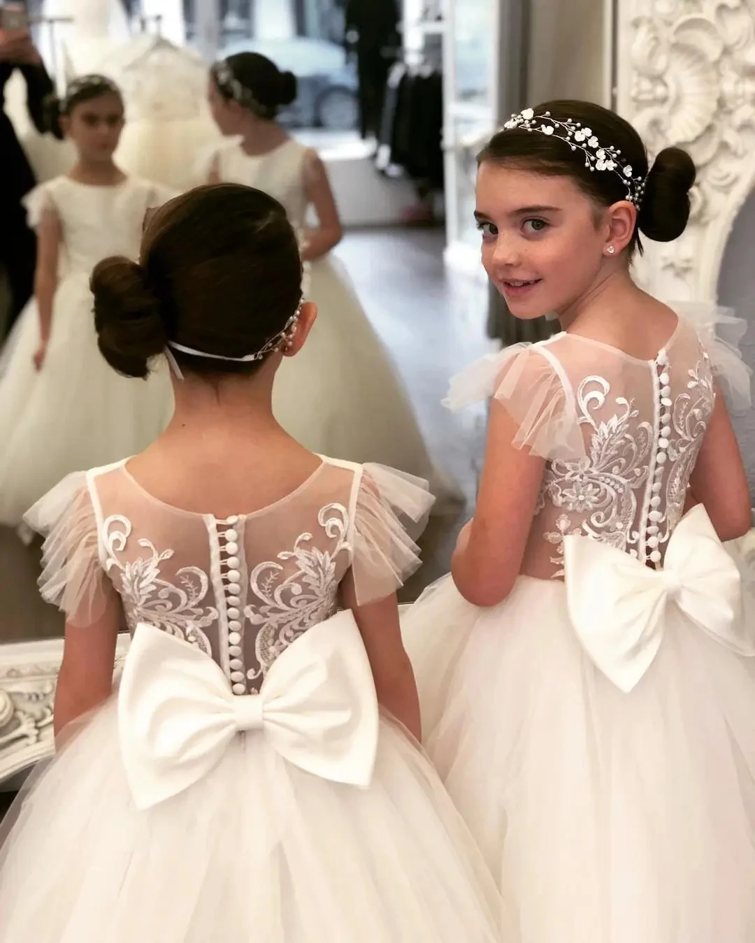 Kids Girls Fluffy Princess Tulle Communion Dress With Bowknot Cute Lace Long Train Flower Girl Dresses For Wedding Party