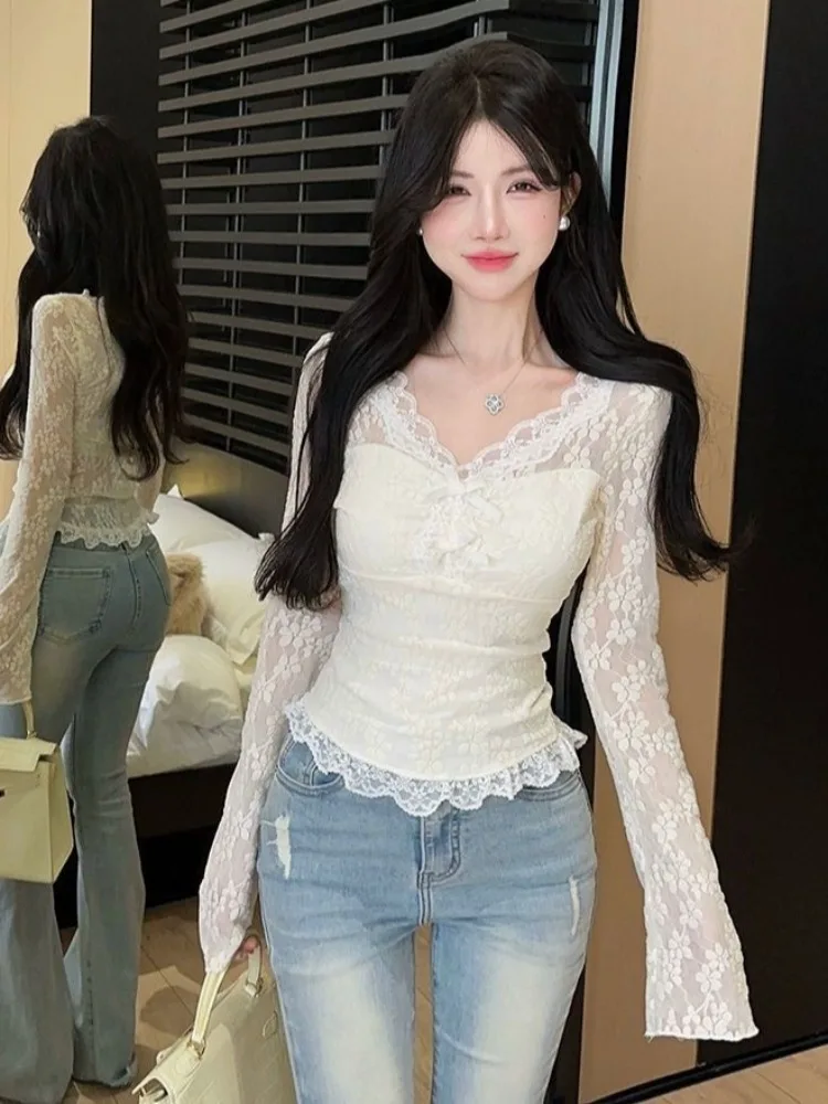 Blouses Women Lovely Summer Cute Club Girl Harajuku Chic Mujer Blusas Casual Korean Style Y2k Bow Hotsweet Fashion Sheer V-neck