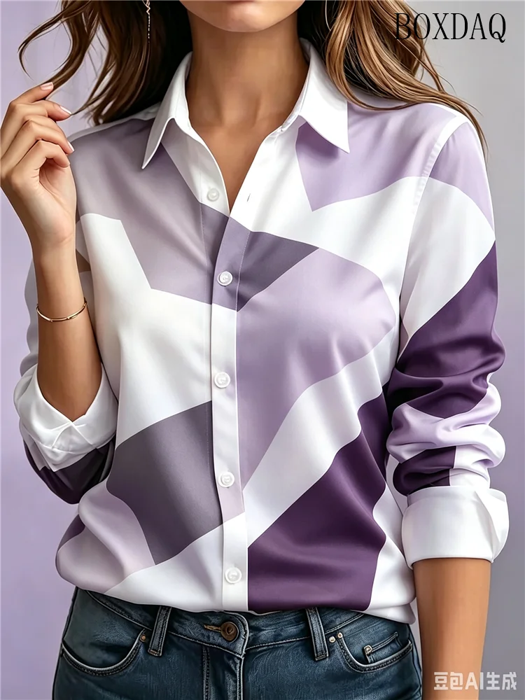 Fashion Women's Button Geometric Color Blocks Printed Shirts Elegant Women's Office Long Sleeve Shirt 2026 Autumn Casual Blouses