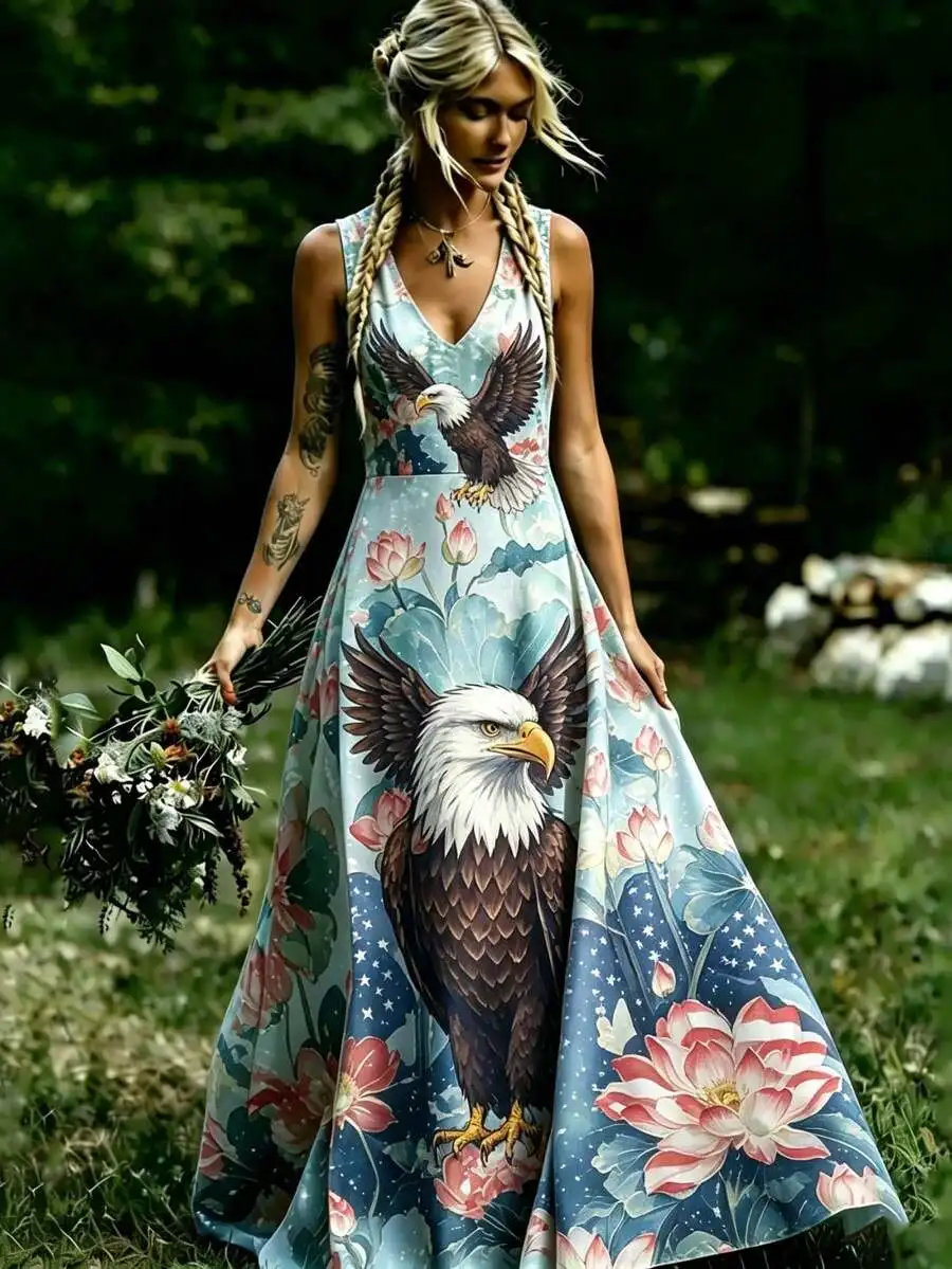 

Lotus And Eagle Print Womens V-Neck Sleeveless Maxi Dress, Polyester, Boho Style For Festivals