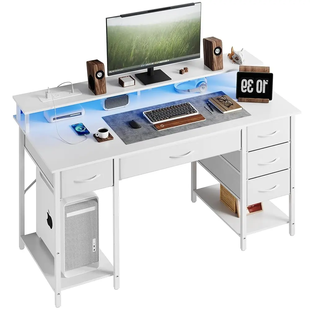 

Computer Desk With Drawers And Power Outlets, 47 H Gaming Desk With Led Lights, Home Office Desk With Monitor Stand, Study