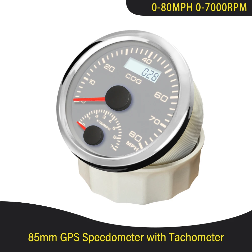 

Boat Car Universal 85mm Waterproof 0-80MPH GPS Speedometer 0-7000RPM Engine Rev Counter with GPS Antenna Amber Backlight 12V 24V