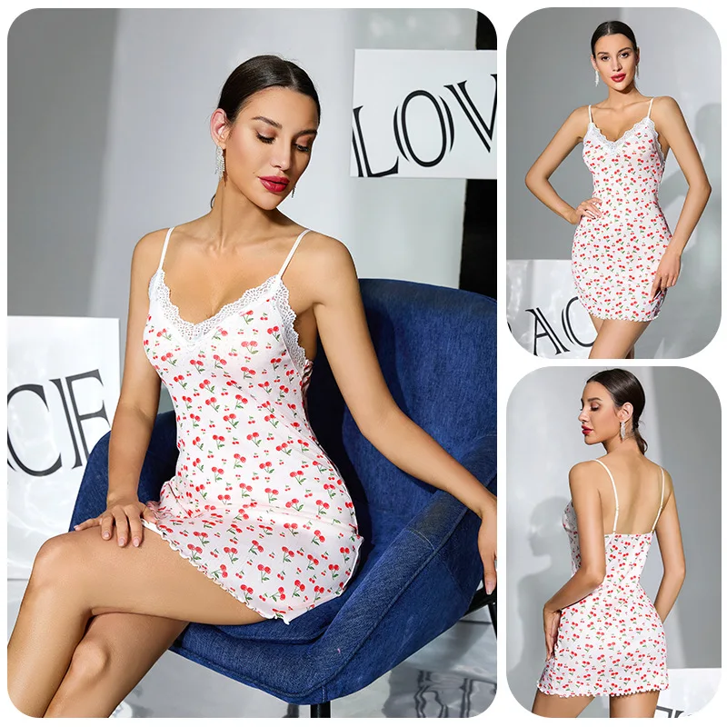 Summer Cherry Print Lace Cami Sleep Dress Women Sexy Slim Fit Bodycon Nightgown with Floral Lace Trim Home Lounge Pajama 1152