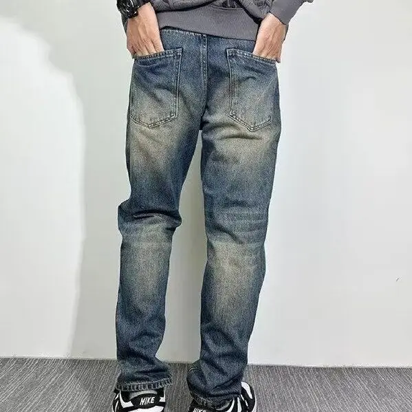 Trendy Brand Jeans Men's Loose Straight Micro-cone High Street Hole Patch High-end Cowboy Spring and Autumn Original Pants Men