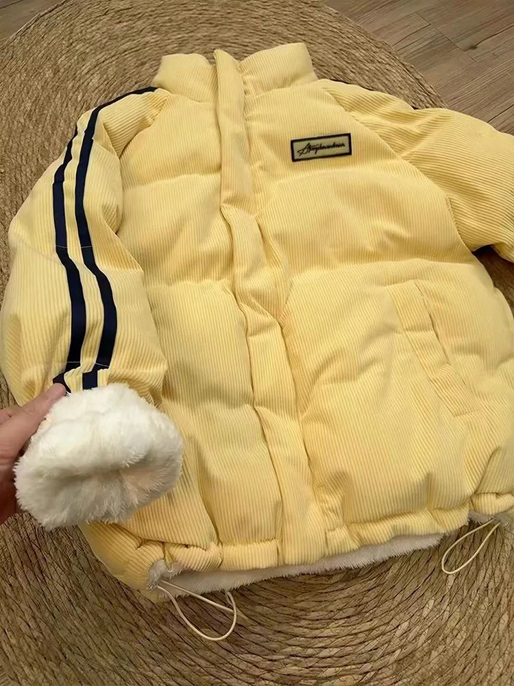 Winter Double Sided Warm Parka for Women Vintage Corduroy Loose Furry Warm Coats Korean Sweet Preppy Lamb Wool Puffer Outerwear