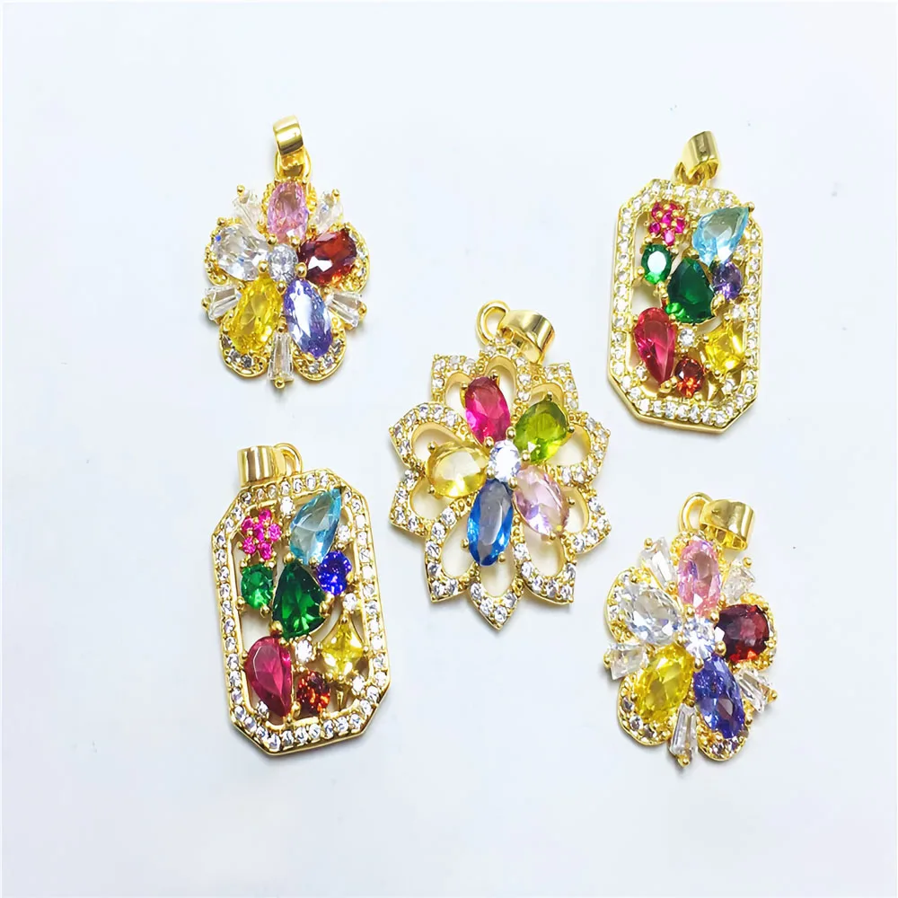 10pcs/ Bag Copper gold-plated high color retention inlaid zircon glass flower pendant DIY jewelry making accessories