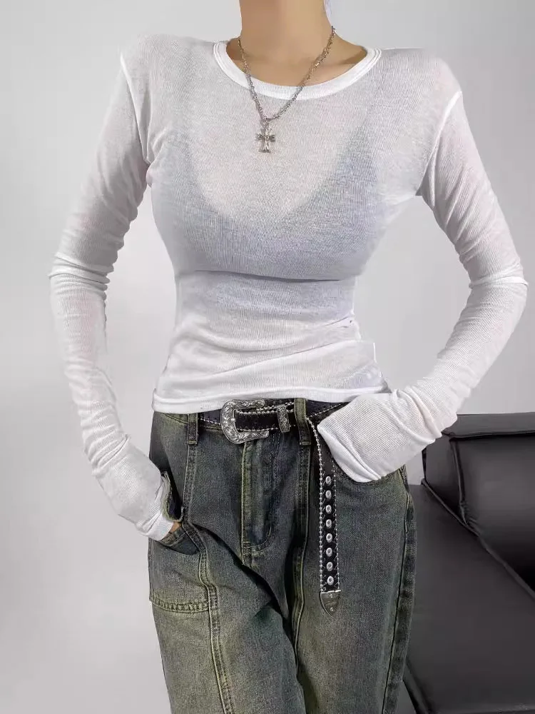 여성 봄, 가을 라운드 넥 슬리밍 긴 소매 반투명 티셔츠