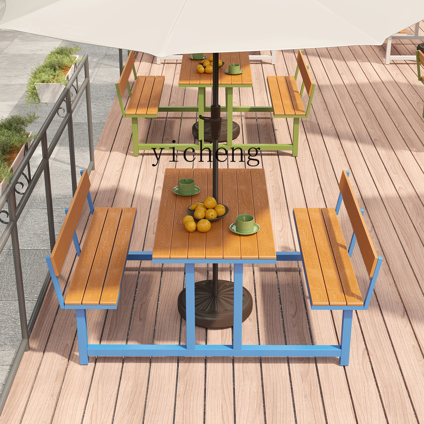 

ZK Backrest Table and Chair Combination Courtyard Outdoor Canteen Plastic Wood with Umbrella Integrated Dining Table and Chair