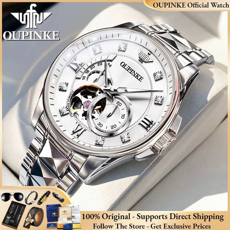 

OUPINKE 3245 Men Japanese Automatic Mechanical Watch Luxury Tungsten Steel Waterproof HD Chronograph Skeleton Flywheel Men Watch