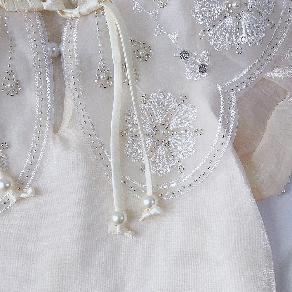 Summer New Chinese Style Elegant White Lace Flower Embroidered Short Sleeve Dress Sweet Girl's Clothes 2-7 Year Old Cheongsam