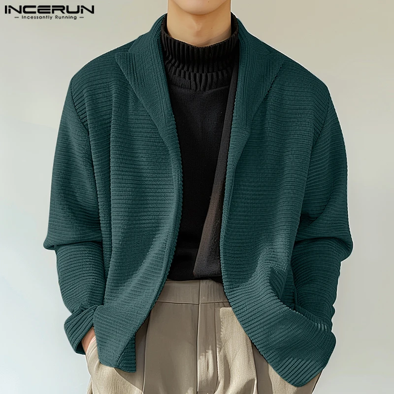 INCERUN Tops 2024 Korean Style Autumn Fashion Men Knitted Pit Stripe Pullovers Male Streetwear Solid Lapel Long Sleeved Cardigan