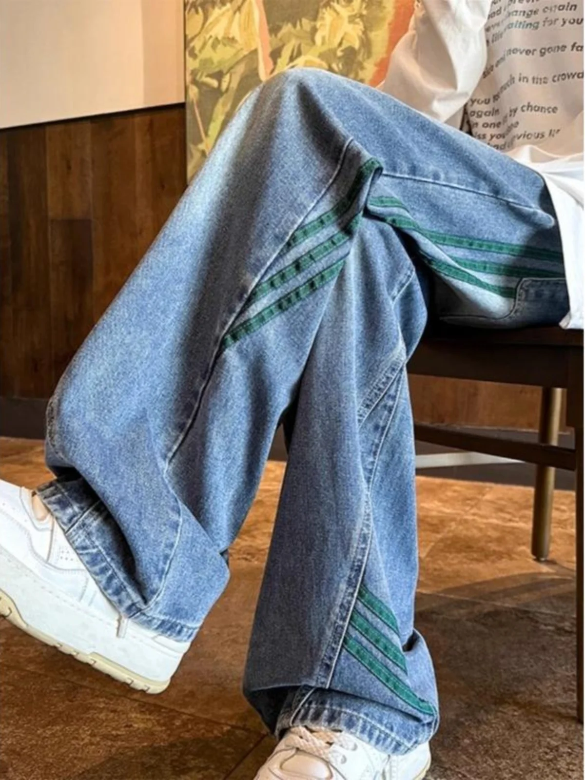 

American Sle Retro Tee Bars Spliced Casual Jeans Men's Spring Autumn Loose Straight Leg Wide Leg Casual Pants