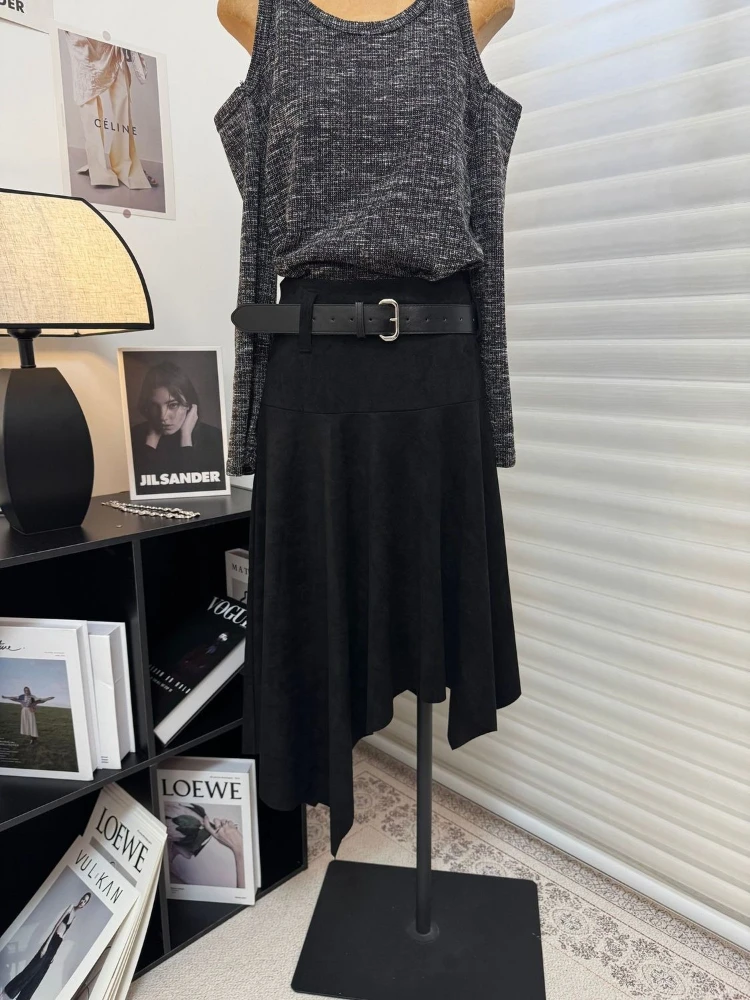 

Autumn Draped Design Sense Irregular Half Skirt Women High Waist Brown Temperament Elegant Mid Length Pleated Skirt