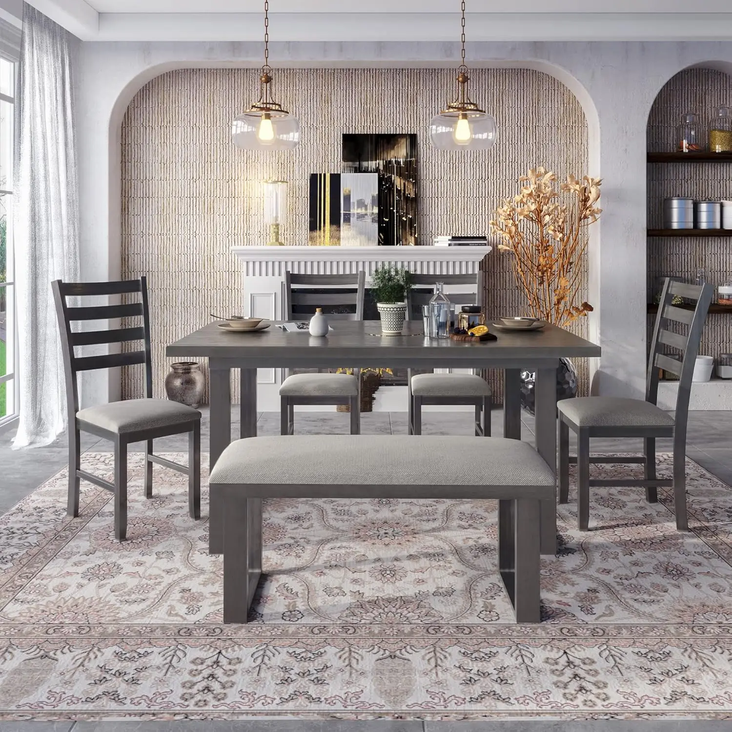 6-Piece Dining Table Set with Upholstered Bench, Retro Kitchen Table, Wood Table with 4 Chairs, Gray.