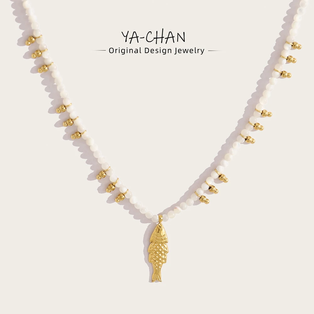 YACHAN Collar de Conchas para Mujer con Cuentas, Acero Inoxidable Chapado en Oro PVD de 18K, Colgante de Pez, Joyería Resistente al Agua