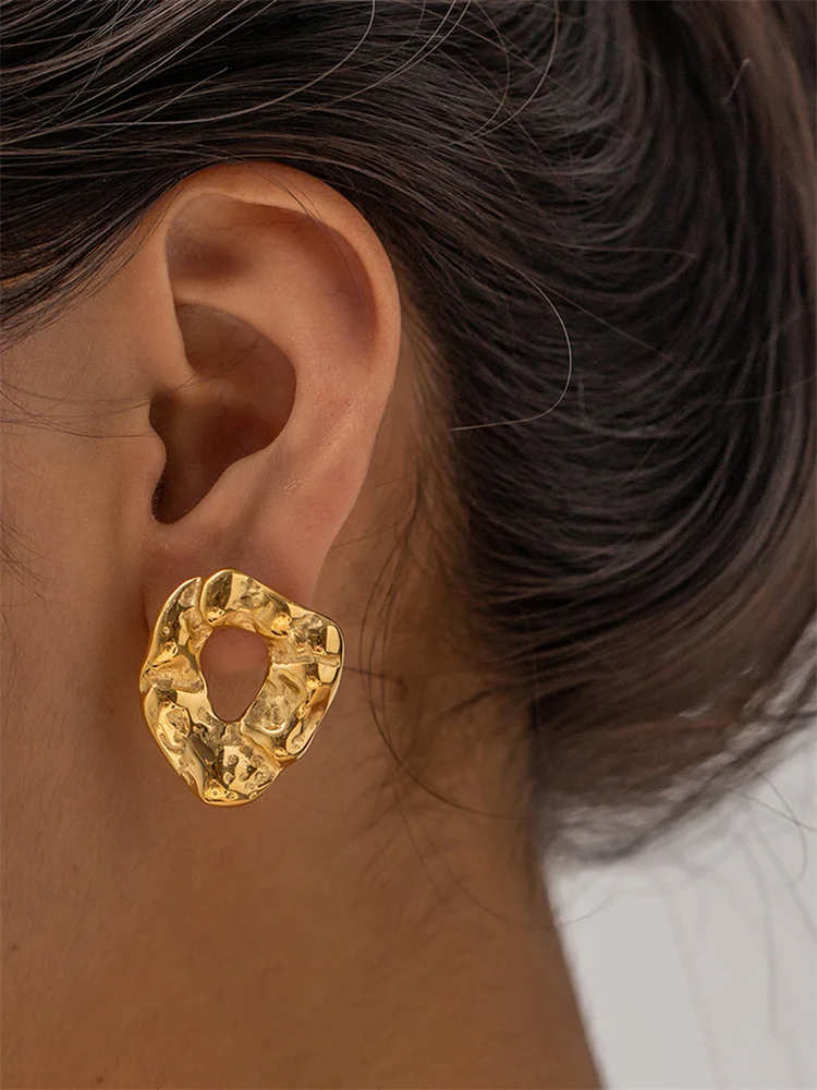 Vintage Geometric Lava Textured Gold Stud Earrings Stainless Steel Irregular Hammer Hammer Chunky Geometric Ruffle Stud Jewelry