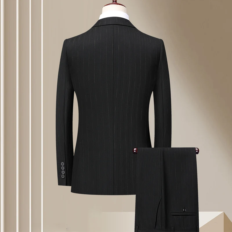Men's 3 Piece Pinstripe Suit Slim Fit Notch Lapel Two Button Stretch Blazer Vest Pants Formal Wedding Business Suit Set