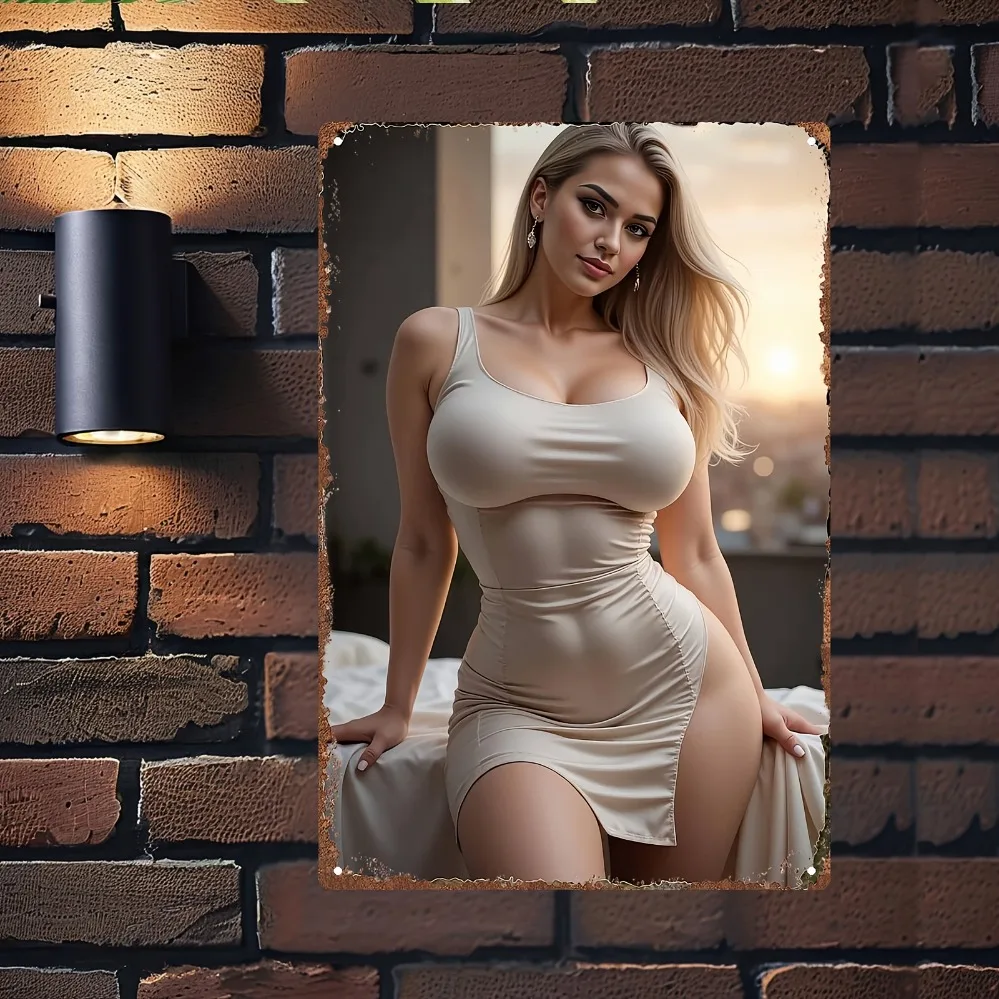 Industrielles Vintage-Metallschild, beige, sexy Dame, 20,3 x 30,5 cm, Wandkunst – robuste Dekoration für Zuhause, Bar, Büro, ideale Geburtstags-Einweihungsparty