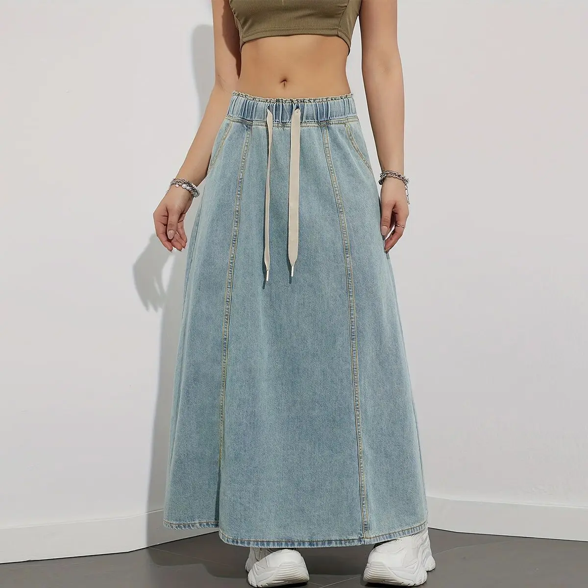 

Women's Plus Size Drawstring Denim A-Line Flared Skirt