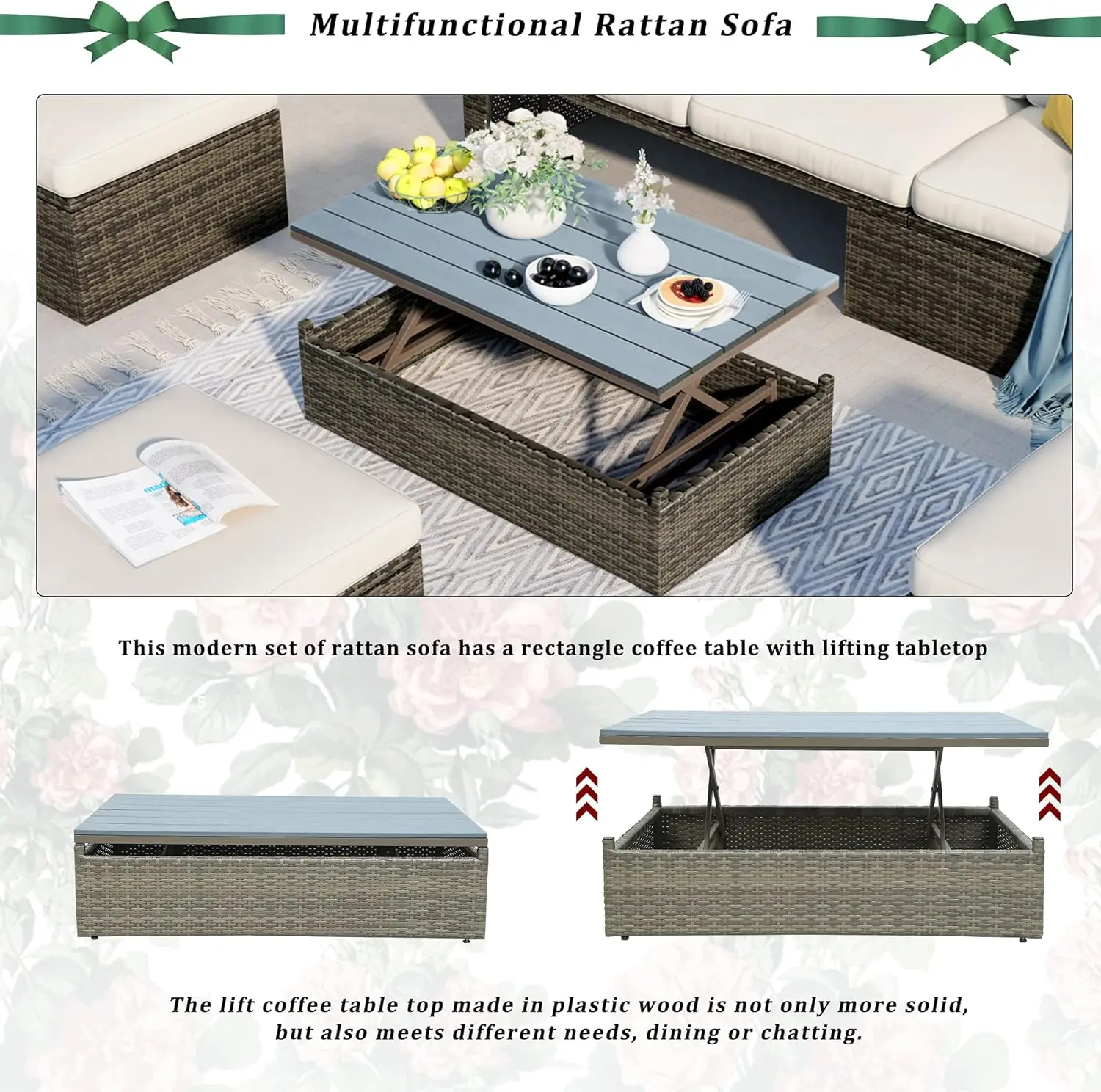 Conjuntos de móveis de pátio com encosto ajustável, PE Rattan Wicker, conjunto secional, otomanos e mesa elevatória, 5 peças