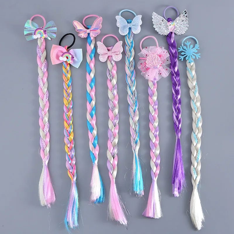 Littler Girls Long Braid Hair Rose Kids Rainbow Wig Kids Hair Tie Kids Mermaid Head Wear Princess Girls Elsa Cosplay Accessories view 2