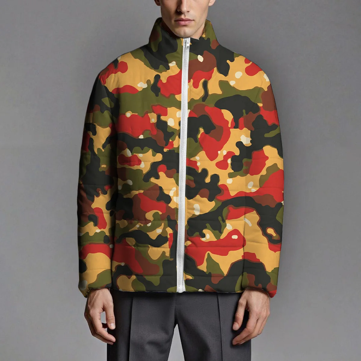 رجل أسفل سترة الشتاء أزياء الرسم المطبوعة الوقوف طوق الذكور ملابس خارجية رشاقته الدافئة سحاب أكمام طويلة فضفاضة معطف الرجال عارضة #4