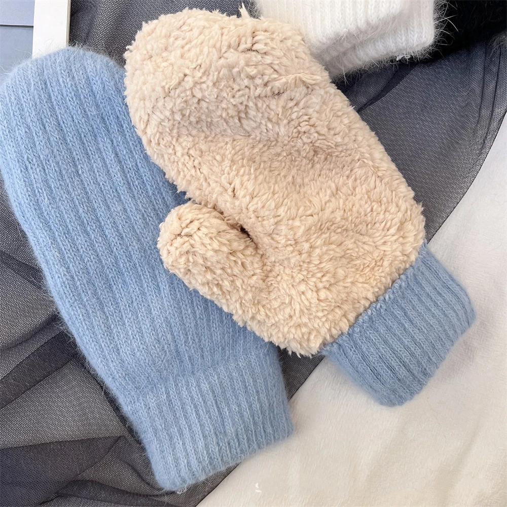 니트 여성 장갑 따뜻한 방풍 학생용 자전거 액세서리 부드러운 미끄럼 방지 손바닥 일상 학교 통학 겨울 야외 착용