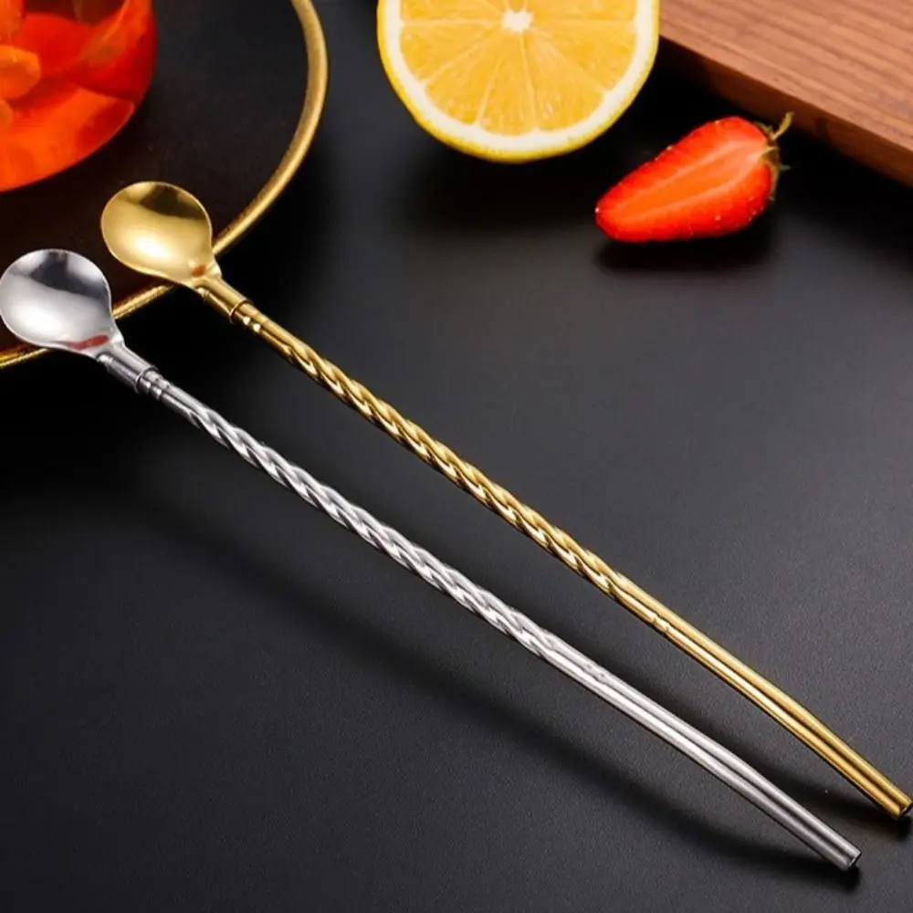 10 pçs criativo dupla utilização colher de palha de aço inoxidável reutilizável longo torcido colher de mistura portátil café mexendo colher leite chá