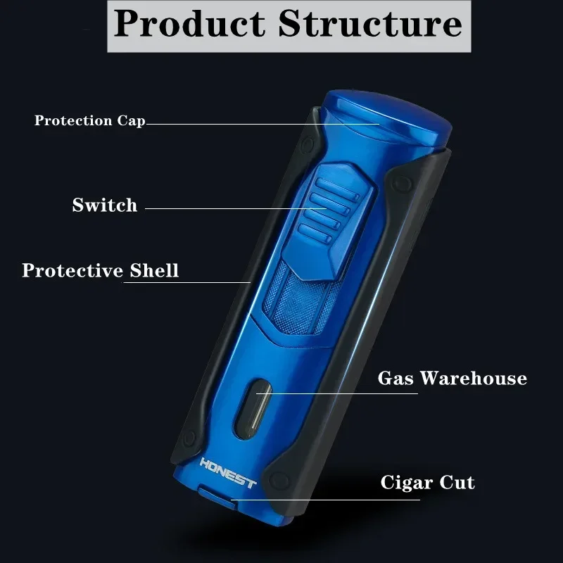 HONEST Multifunctional Outdoor Turbo 4 Torch Blue Flame Visible Window Metal Windproof Butane Gas Lighter Cigar Cutting Lighter