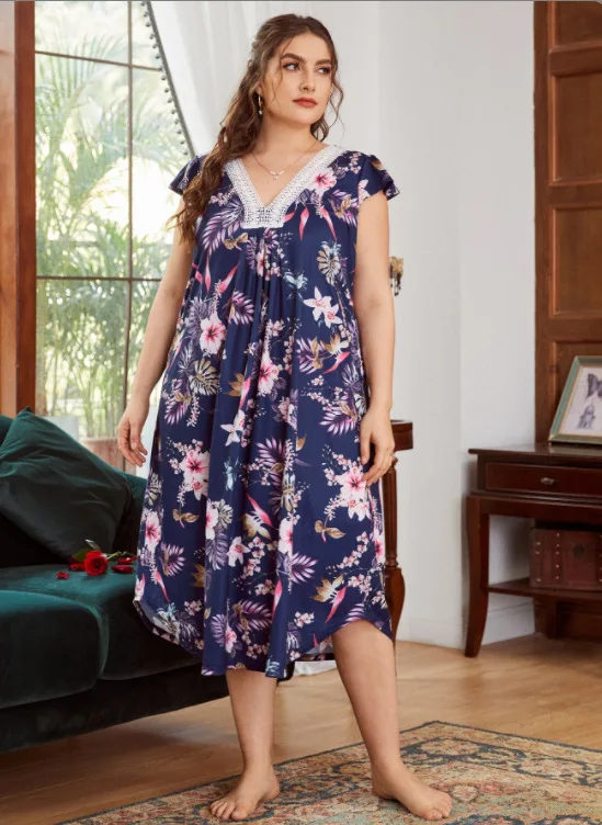 Women Plus Size Homewear Nightgown Printed Lace V-neck Splicing Short-sleeved Shrinking Wrinkled Long Dress Women Casual Loose