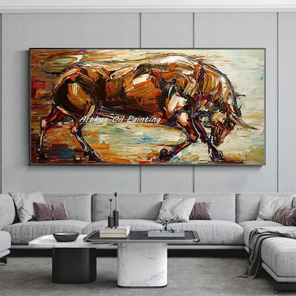Arthyx,Modern Decorative Pop Art,Handpainted Abstract Animal Bull Oil Painting On Canvas,Wall Picture For Living Room Home Decor