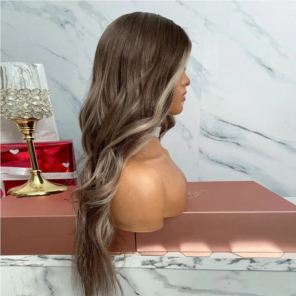 Wig Renda Penuh Pirang Abu Gelap HD Swiss 13X6 Rambut Remy Pra Pencabutan Wig Rambut Manusia Depan Renda Disorot Bergelombang untuk Wanita 180%