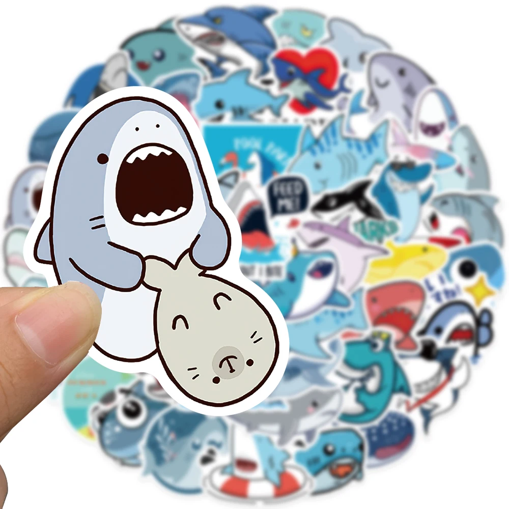 50 Uds pegatinas de tiburón de dibujos animados lindo Animal marino de dibujos animados impermeable DIY equipaje taza de agua libro de ordenador pegatina de regalo