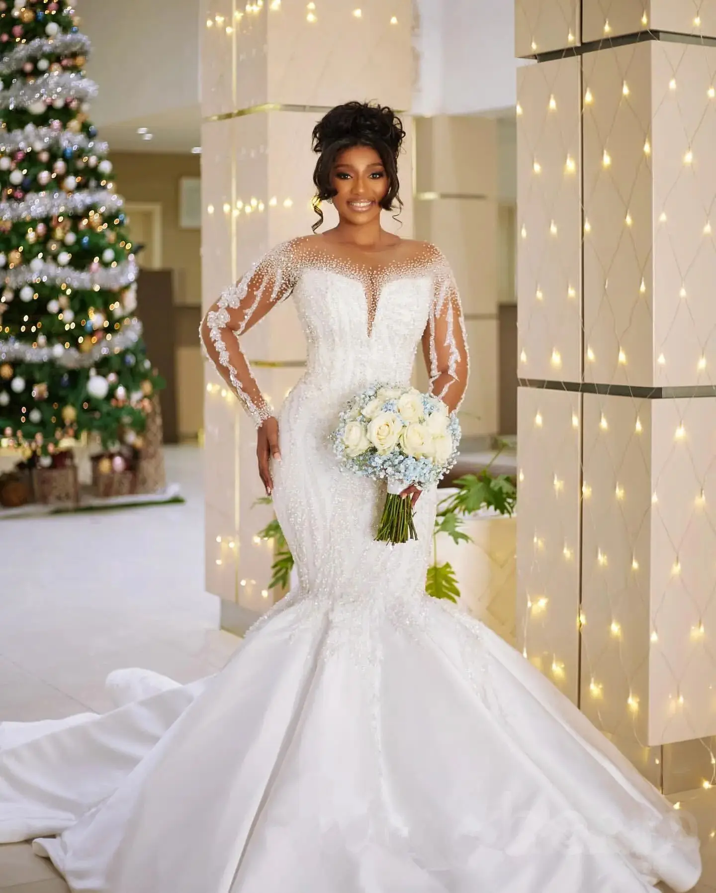 Hot African Wedding Dresses 2027 Sheer O-neck Beads Sequins Long Sleeves Mermaid Satin Birde Bridal Gowns Vestido De Novia