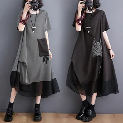 #3587 Black Green Grey Striped T Shirt Dress Women Pockets Loose Folds Spliced Mesh Asymmetrical Midi Dress Short Sleeve Summer