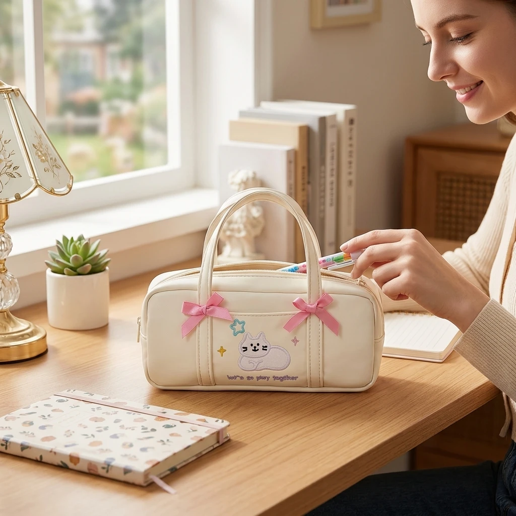 Pochette de papeterie scolaire, trousse à crayons mignonne en forme de chat, sac de rangement brodé avec nœud kawaii pour étudiants, fournitures d'écriture de bureau, portable