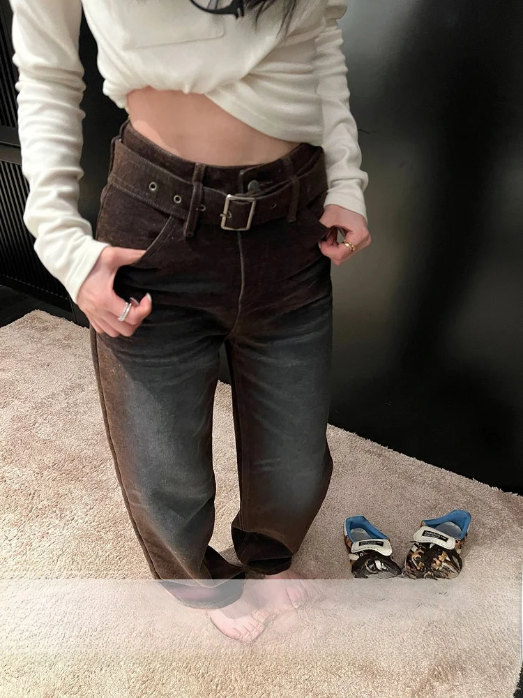 

Ultra Heavyweight Floed Denim Jeans Retro Knife Design Spicy Girl Design Low Waist Loose Fit Ladies Jeans