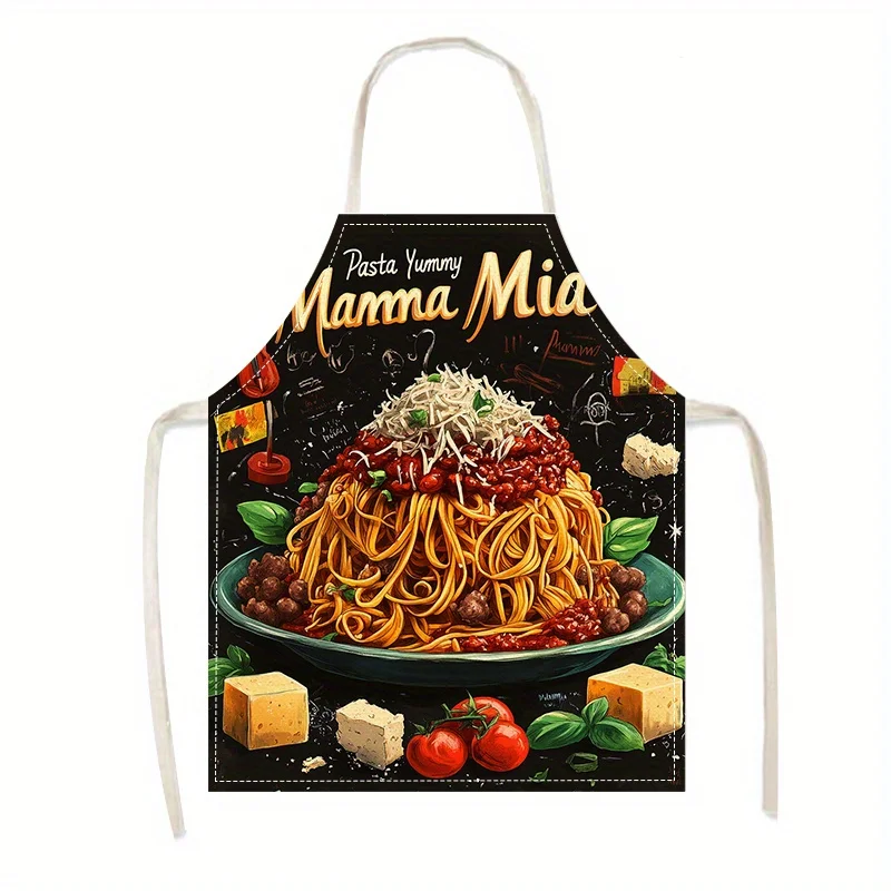 1pc Linen Apron, Pasta-Themed Printed Apron, Home Kitchen Cooking and Baking Apron, Italian Cuisine Theme Apron
