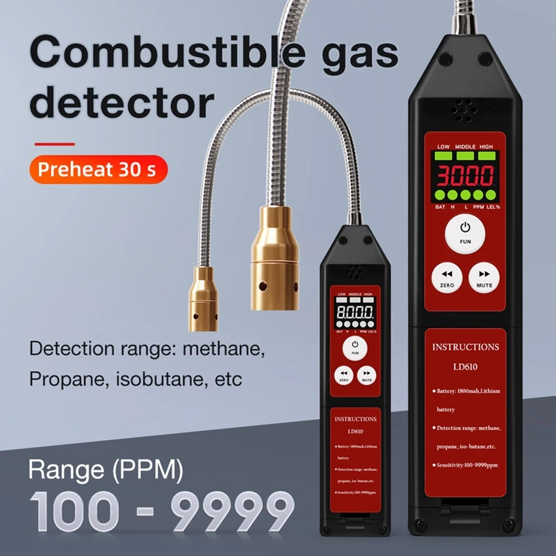 LD610 Combustible Gas Leak Detector Sound Alarm Combustible Methane C4H10 H2 Gas Leak Tester 100-9999ppm Gas Tester-A69M - view 3